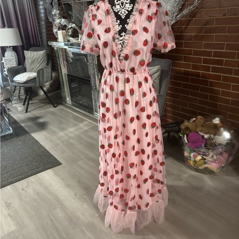Pink Strawberry Embroidered Maxi Dress